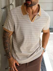 Manfinity Homme Men's Summer Jacquard Knit Polo Shirt, Textured Jacquard Fabric, Suitable For Daily Outings, Gatherings With Friends, And Casual Weekends, Best-Selling Versatile Item On INS Men Patterned Polo Shirt Men Geometric Print Shirt Men V-Neck Polo Shirt Men Summer Polo Shirt - Apricot - View 6