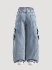 SHEIN 青少年男孩休闲牛仔裤，配有松紧腰带和开衩下摆，宽松直筒水洗浅蓝色牛仔裤，时尚街头风格，新品上市