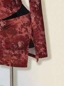 SHEIN ICON Women's Velvet Paisley Floral Pattern Retro Bohemian Millennial Style Y2K Red Asymmetrical Shoulder Long Sleeve Hollow Pointed Hem T-Shirt And Tight Hip Slit Hem Skirt Set, Autumn And Winter - Red - View 5