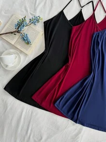 SHEIN 3 قطع مجموعة ثوب نوم حريري بلون أحادي مثير للمقاسات الكبيرة - متعدد الألوان - مشاهدة 3