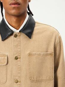 ROMWE MEN Street Life Giacca di jeans da uomo con colletto a contrasto e tasche multiple con bottoni