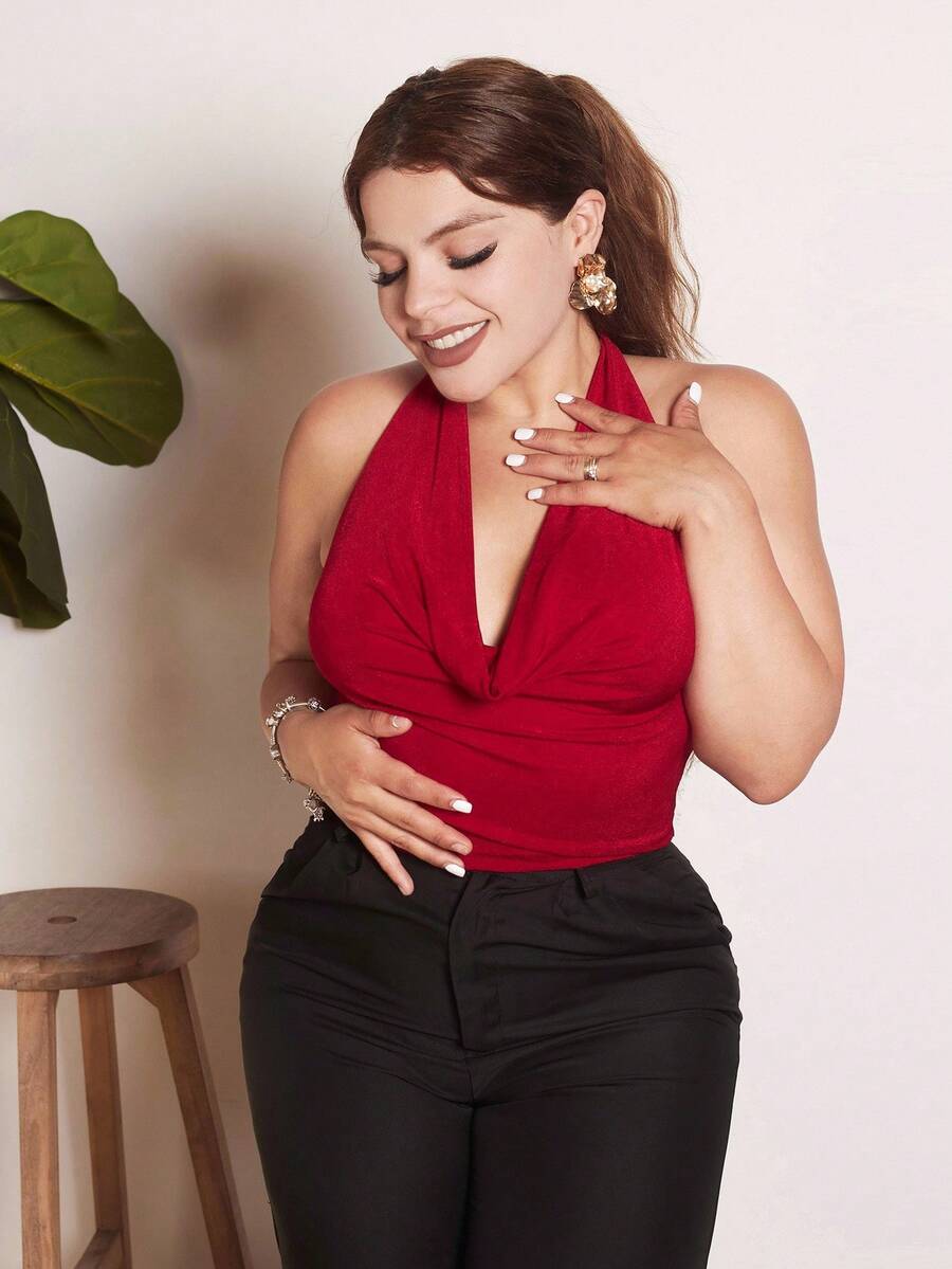 Lupita Cardoza 女士圆领无袖短款 Y2K 红色性感上衣,时尚纯色 - 紅色 - 查看 1