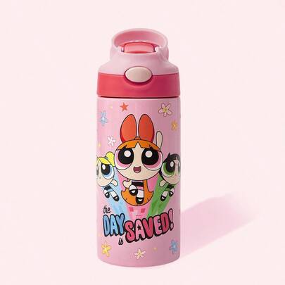 THE POWERPUFF GIRLS X SHEIN Bình đựng nước bằng thép không gỉ cách nhiệt hình hoa, bong bóng, hoa mao lương 16 Oz / 500 Ml có tay cầm và ống hút bằng silicon, thích hợp cho trường học, du lịch, dễ mang theo