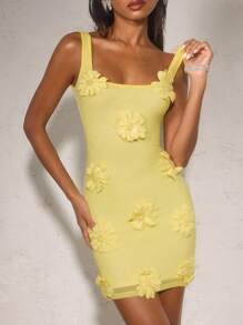 SHEIN BAE 女士奶油黄色细肩带方领花卉装饰优雅迷你连衣裙 - 黃色 - 查看 4