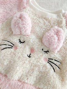 2 件套新生女婴羊毛睡衣套装，可爱兔子刺绣耳朵设计露肩，长袖上衣和裤子，秋冬家居服 - 粉色 - 查看 5