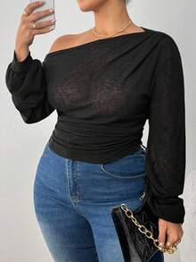 SHEIN PETITE CURVE Plus Size Women's Solid Color Slope Collar Long-Sleeved T-Shirt For Women Casual Loose Slouchy Style See-Through Blouse Beach Vacation Style Top For Women Off The Shoulder Top Long Sleeve Top One Shoulder Top Women Tops Puff Sleeve Top