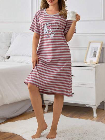 EURMUSE Cotton Women Round Neck With Colour Striped Detail With CUTIE BEAR Printed Short Sleeved Pajama Dress
