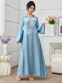 SHEIN Najma 女式宽松长袖蓝色阿拉伯风格串珠花卉连衣裙 - 藍色 - 查看 4