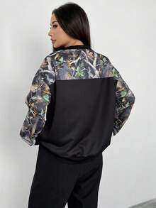 Teens (Girls) Casual Street Sports Jersey Camouflage Oversized V-Neck Sweatshirt Fall Winter - Black - View 2