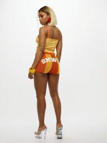 SUMWON WOMEN 钩针编织节日风格短裤高腰夏季海滩派对俱乐部派对热裤休闲弹力短裤 - 橘色 - 查看 3