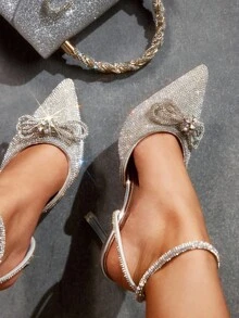 CUCCOO SZL Pointed Toe Rhinestone Bowknot Ankle Strap High Heel Sandals Valentine's Day - Silver - View 1