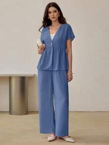 Modelyn 2件組女裝套裝：蝙蝠袖鈕扣襯衫與鬆緊腰直筒長褲，春/秋季 - 藍色 - 查看 5