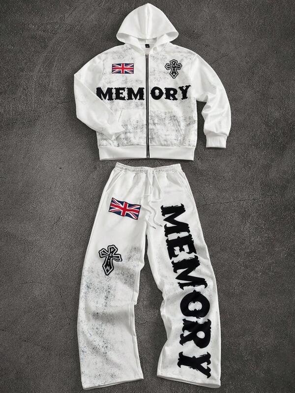 PAVTROS Manfinity Streetrush Men's Casual British Flag & Cross Letter Print Zip Up Hoodie And Sweatpants Set, Spring Autumn Men 2 Pieces Set Patched Men Y2k Clothes Y2k Tracksuit Men Men's Old Money Clothing, A Great Gift For Your Boyfriend,Back To School Men Sweatsuit Set Men 2 Pieces Sweatsuit Men Sweatsuit Men Tracksuit