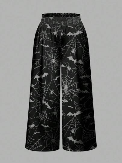 Plus Size Halloween Bat, Gothic, Mysterious Bat & Spider Web Black & Grey Print Pants