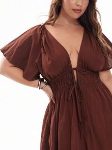 Solavibe Plus Size Casual Vacation Textured Ruffle Sleeve V-Neck Tied Waist Dress,Summer Dresses For Women,Dresses Casual