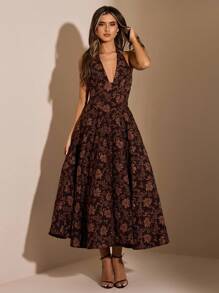 SHEIN BAE 棕色花卉纹理高领紧身连衣裙，适合约会、夜晚外出、派对、生日、优雅连衣裙、咖啡色连衣裙、生日连衣裙、节日连衣裙 - 棕色 - 查看 7