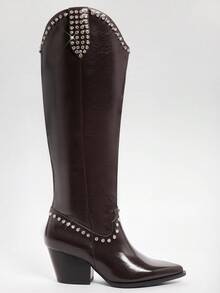 SHUZIA Giày bốt cao đến đầu gối đế vuông màu nâu thanh lịch, tối giản, thoải mái, trang trí đinh tán dành cho nữ - Màu nâu Sô-cô-la - Xem 5