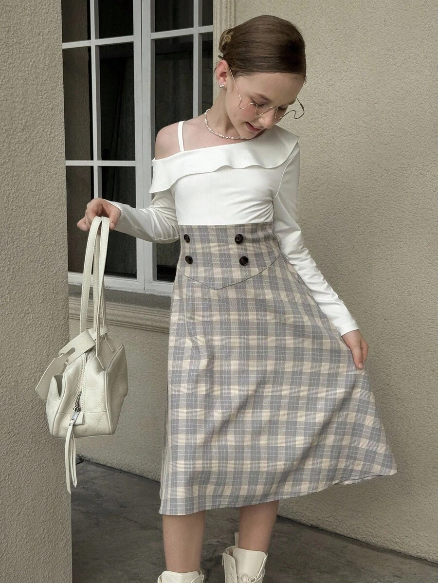 Vestido de peto a cuadros para niñas preadolescentes con ribete de volantes, cintura ajustada, adecuado para el trayecto al trabajo y el uso diario en otoño - Blanco - Ver 1