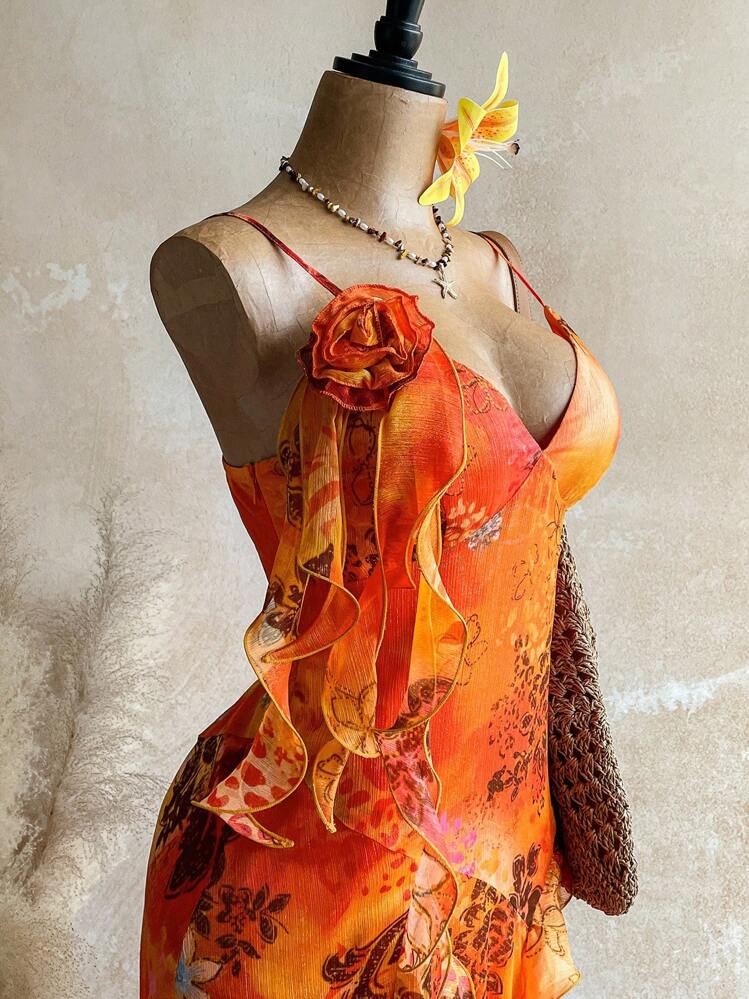 Soleia Vestido de Chiffon Brilhante com Estampa Retrô Boêmia de Animal, Tingimento por Amarração, Babado de Água-Viva e Floral 3D - Multicolorido - Visão 13
