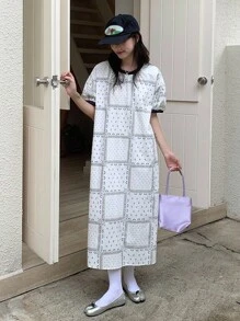 Dazy Kids 青少年/女孩花卉印花长袍，宽松休闲腰部连衣裙，秋季 - 白色 - 查看 4