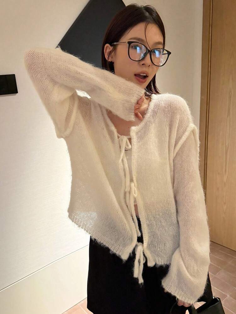 Women's Fleece Solid Color Korean Style Bowknot Yellow Cardigan, Long Sleeve Sweater For Autumn/Winter
