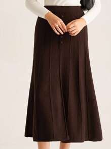 Aveloria Rosie Fall High Waist Slimming Button A-Line Women Sweater Skirt - Brown - View 4