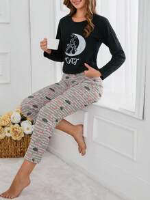 RueChic 100% Cotton 2Pcs  Cute Animal Printed Pj Set - Black - View 4