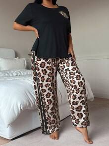 SHEIN Plus Size Leopard Print Contrast Patchwork Casual Sleepwear Set For Women, Outfits - Multicolor - View 5