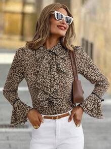 Solivie Women's Leopard Print Tie Collar Elegant Long Sleeve Blouse Cheetah Print - Multicolor - View 7