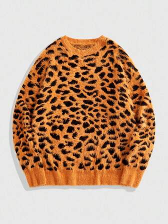 Street Life Maglione casual ampio con collo a giro, in jacquard a motivo leopardato, per uomo, autunno inverno