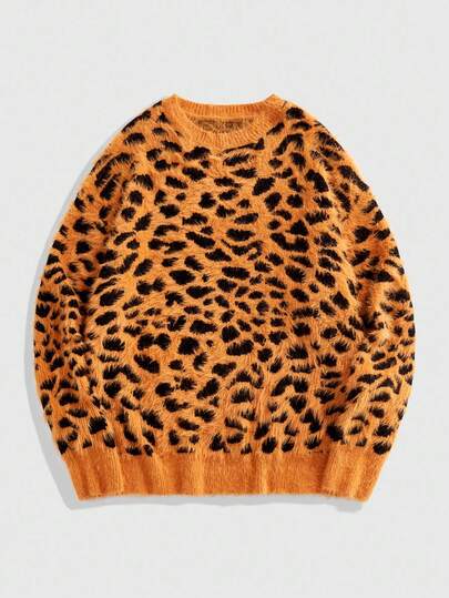 Street Life Men's Leopard Jacquard Crew Neck Loose Casual Sweater , Fall Winter