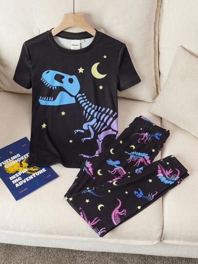 Discovery X SHEIN 2pcs Tween Boy Vintage Dinosaur Print Crew Neck Short Sleeve Top And Pants Casual Comfortable Tight Fit Pajama Set, Black