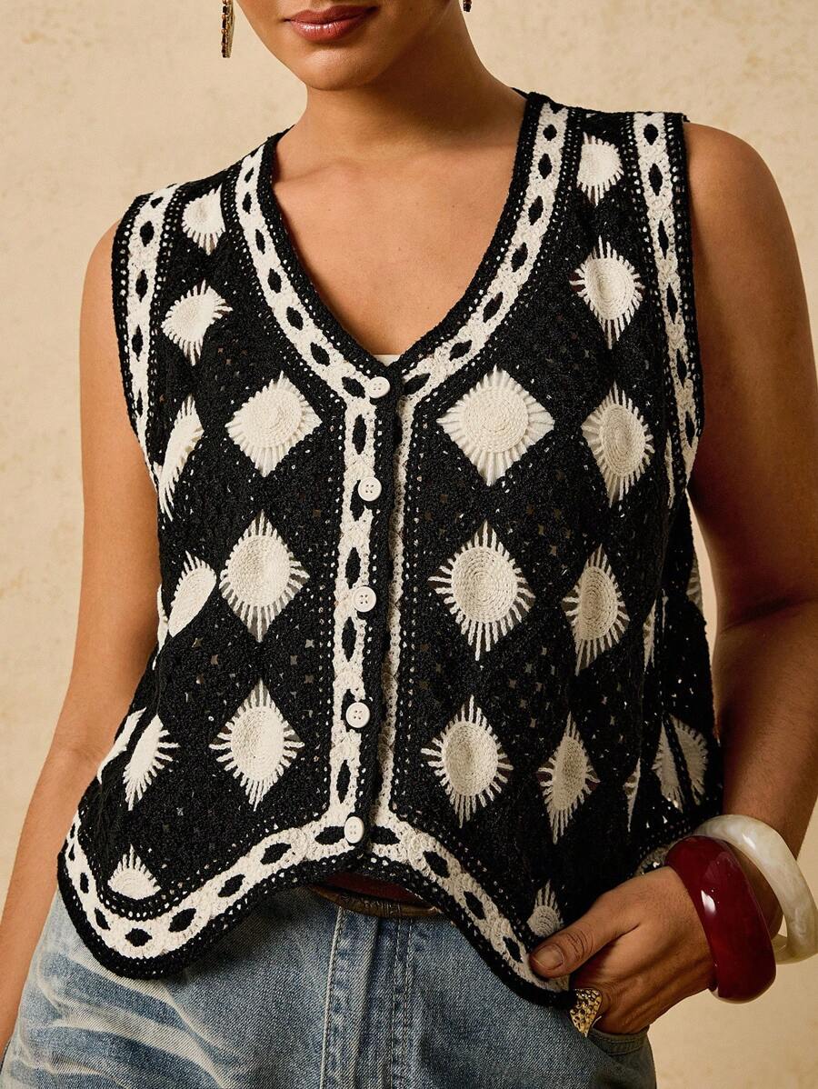 Travachic Áo len cardigan dệt kim họa tiết hoa nhiệt đới ngày lễ cỡ lớn cho nữ - Màu be - Xem 1