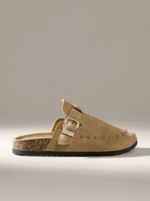 Solecia Zapatos planos cómodos, casuales, versátiles para mujer con puntera redonda, flecos, totalmente con strass y doble hebilla - Marrón - Ver 1