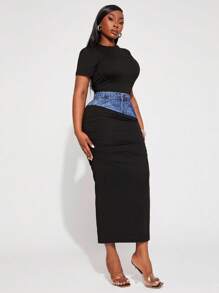 SHEIN SXY Set elegante, glamour e sexy da 2 pezzi in stile minimalista per donna, in effetto jeans con stampa patchwork, adatto per uso quotidiano, festival musicali, concerti, carnevale, vacanze al mare, appuntamenti, compleanni, addio al nubilato, discoteche, casual, shopping, uscite, facile da abbinare e snellente, che valorizza la figura.