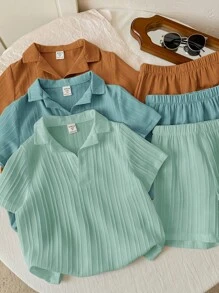 SHEIN LMoss Kids Bộ 6 món/Bộ áo sơ mi ngắn tay và quần short vải họa tiết phong cách thường ngày đi học thoải mái và thời trang dành cho bé trai, thích hợp mặc hàng ngày, chơi thể thao, đi chơi, đi học, tụ tập, lễ hội, biểu diễn và chụp ảnh, mùa xuân/hè - Cà phê nâu - Xem 5