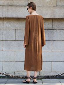 Lumivelle 婚礼宾客礼服 秋季连衣裙 秋季女装 V领系带仿珍珠装饰喇叭袖连衣裙 美拉德风格休闲装 春季大学服装 - 棕色 - 查看 5