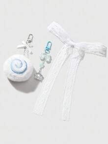 ROMWE Kawaii 3pcs Minimalist Cute Sweet Versatile High-Quality Blue Plush Fish Cake Swirl Resin Bow Flower Star + 80cm White Lace Headband Combo Set, DIY Keychain Bag Pendant, Suitable For Women, Daily Wear, Holiday Gift - Blue - View 3