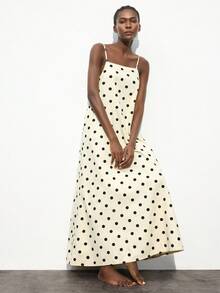 Maija 女式波尔卡圆点宽松可调节肩带连衣裙，商务休闲假日露背优雅连衣裙 - 白色 - 查看 7