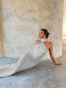 Aloruh 女士优雅性感金属扣复古波尔卡圆点印花装饰镂空紧身黑色针织弹力连衣裙，适合约会 - 白色 - 查看 5