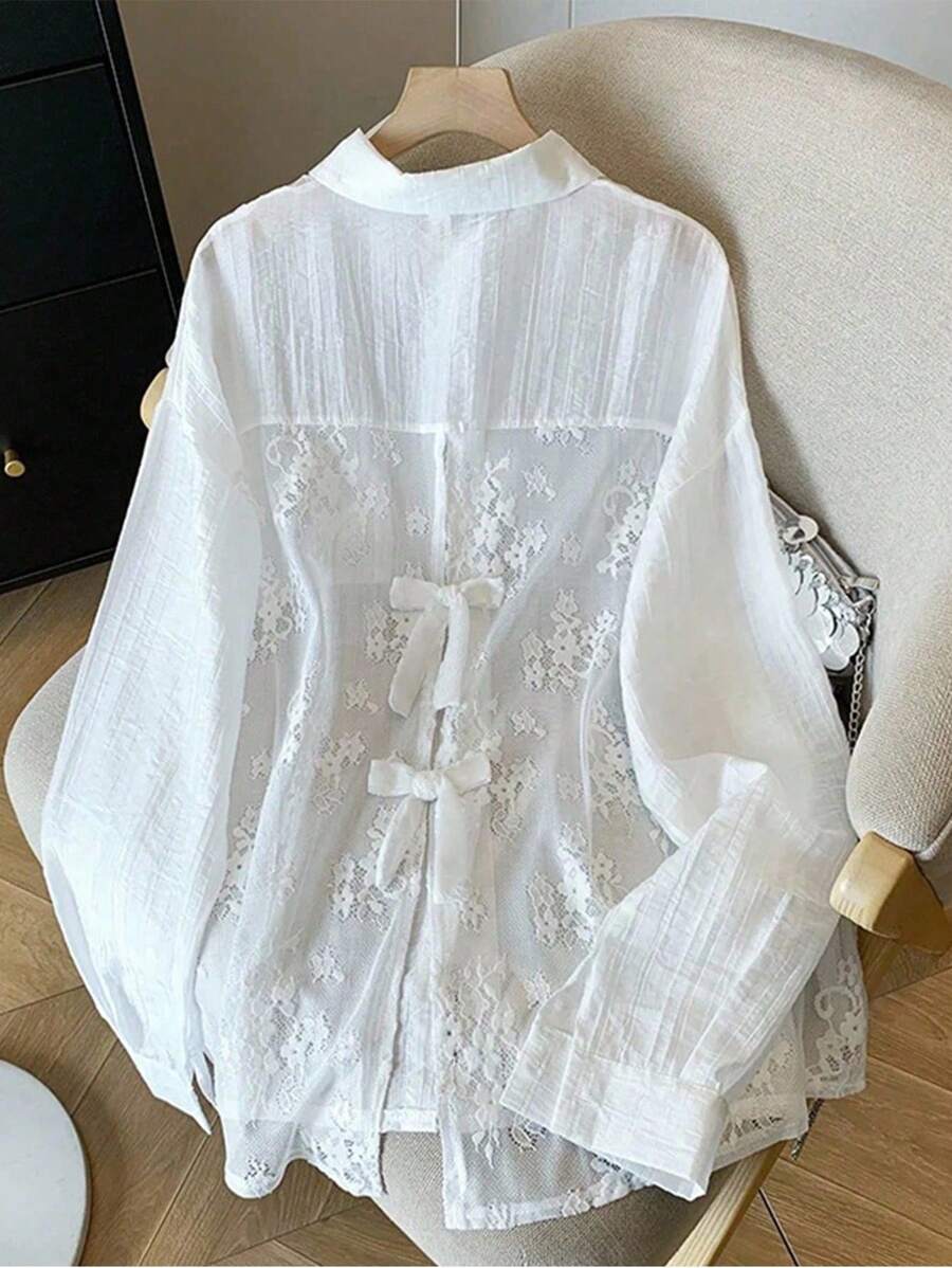 GlowEve CURVE Áo cánh tay dài họa tiết nơ thêu ren thanh lịch cỡ lớn dành cho nữ - trắng - Xem 1