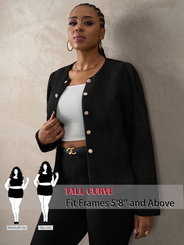 SHEIN Tall CURVE Blazer plus size de camurça preta com detalhes de botões e frente aberta para mulheres altas, blazer plus size para mulheres, outono/inverno
