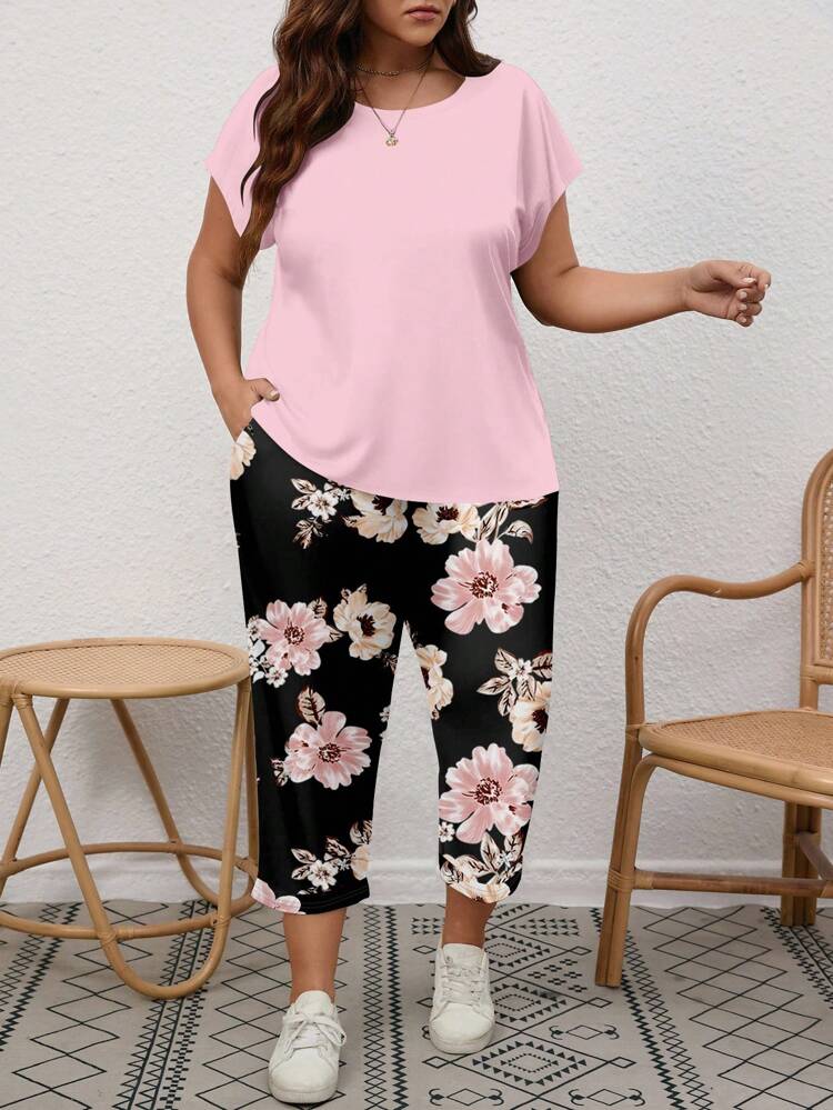 2pcs Plus Size Set: Pink Shoulder Top T-Shirt And Floral Print Pants, Suitable For Spring And Summer,Vacation Outfits Woman Vacation Outfits Women Summer Sets,2 Pieces Summer Outfit,Flower