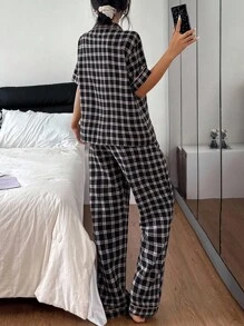 SHEIN 女士复古格子印花撞色边短袖和裤子睡衣套装，适合夏季和秋季 - 黑色 - 查看 3