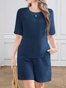 Miaspire 2pcs Women Casual Crew Neck Short Sleeve Top And Knee Length Shorts With Side Pockets Set, Suitable For Spring & Summer