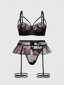 ROMWE Fairycore 3pcs/Set Plus Size Sexy Lingerie With Floral Embroidery - Black - View 1
