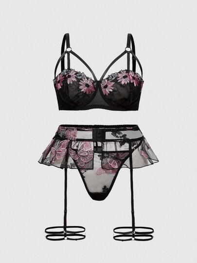 Fairycore Set de 3 piezas Lencería sexy de talla grande con bordado floral