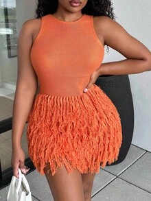 Alexandranx Women's Summer Fashion Solid Color Tassel Hem Knit Dress - Orange - View 3