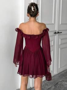 EURMUSE Chiffon einfarbiges langärmliges Damen Kurzkleid, Abschlusskleid für Frauen, Rüschen, Hochzeitsgast Kleid - Bordeaux - Übersicht 2