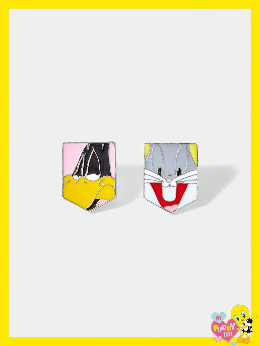 LOONEY TUNES X SHEIN 1 Pair Cute Cartoon Animal Pattern Earrings, Suitable For School And Casual Wear - Silver - View 1